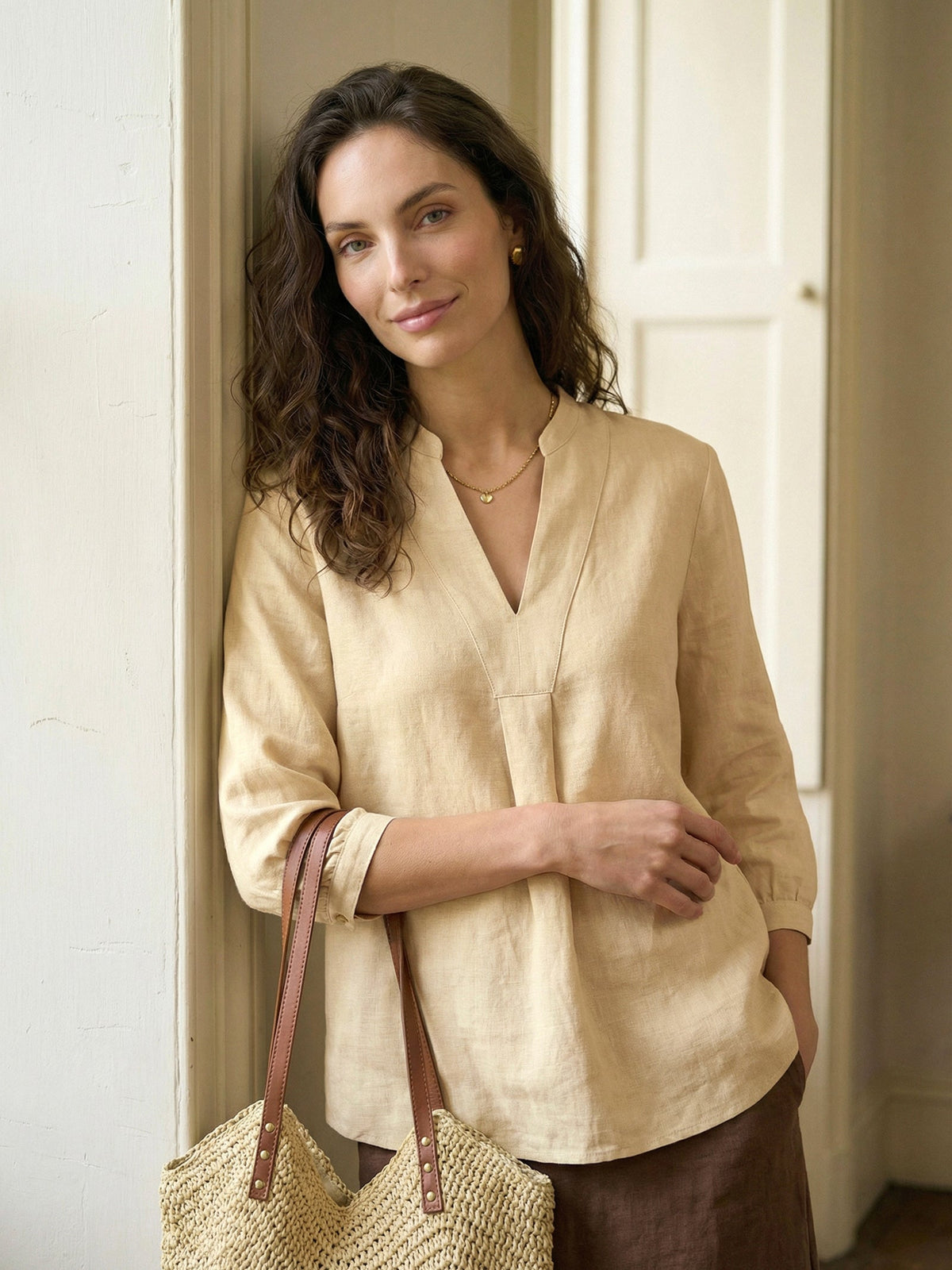 Womens Linen Stand Collar Shirt