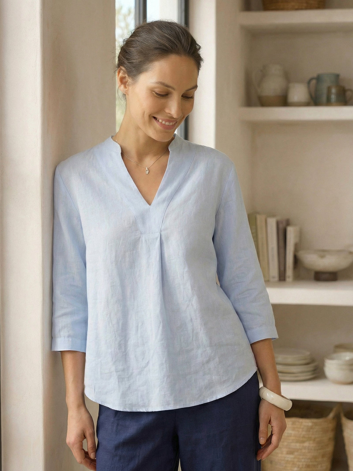 Womens Linen Stand Collar Shirt