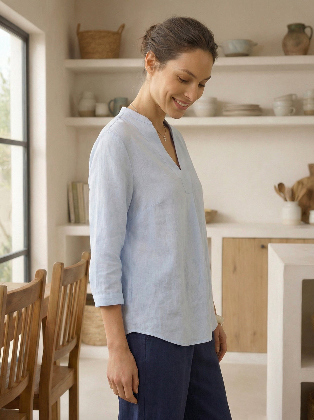 Womens Linen Stand Collar Shirt