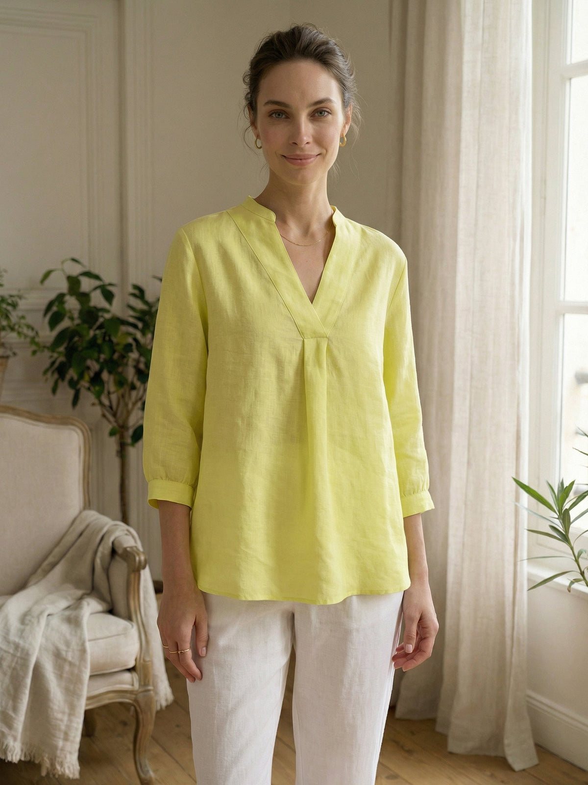Womens Linen Stand Collar Shirt