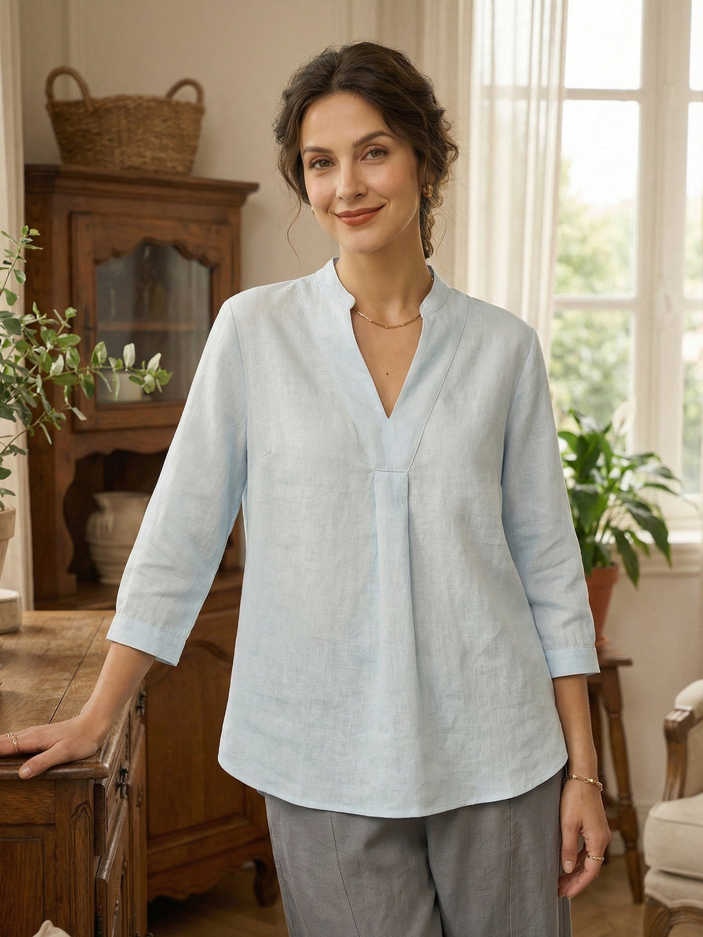 Womens Linen Stand Collar Shirt