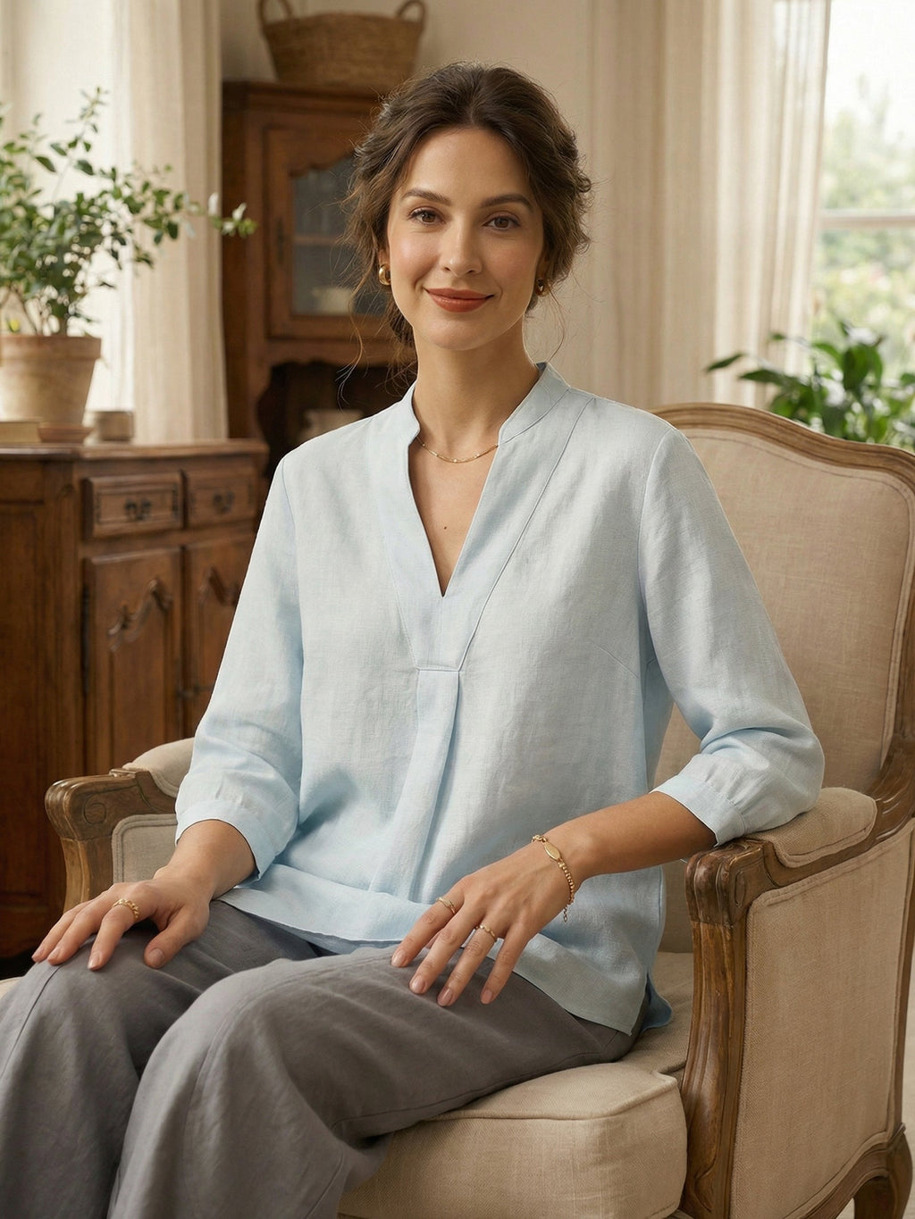 Womens Linen Stand Collar Shirt