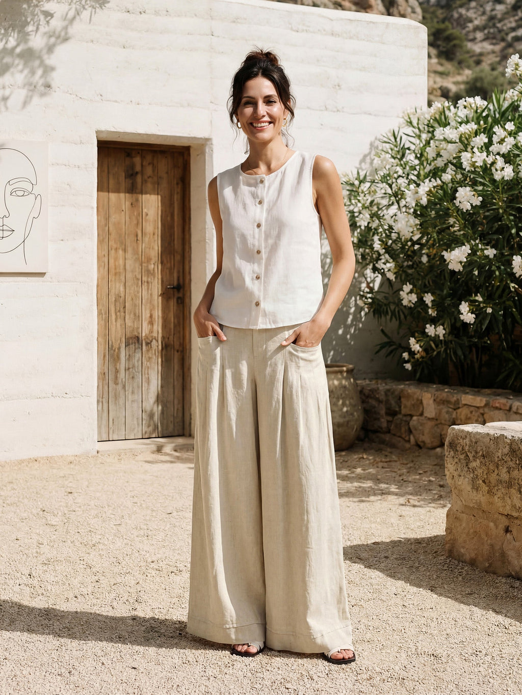 Womens High Waisted Pleated Linen Pants