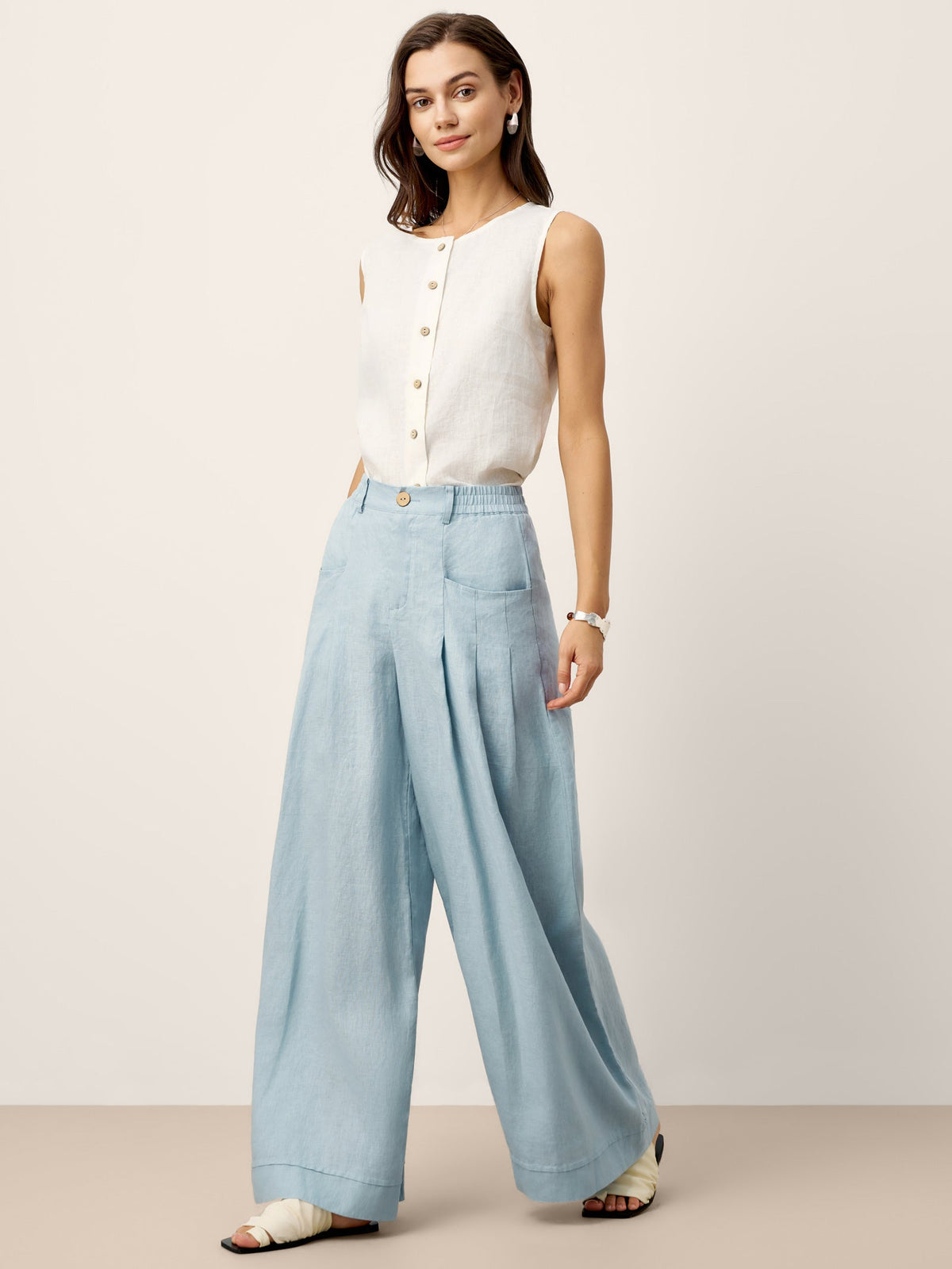 Womens High Waisted Pleated Linen Pants