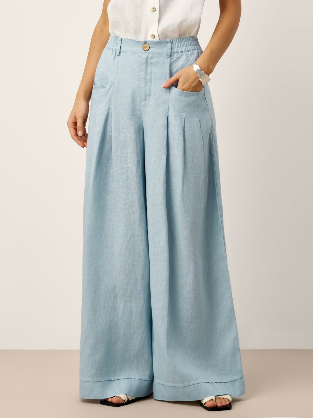 Womens High Waisted Pleated Linen Pants