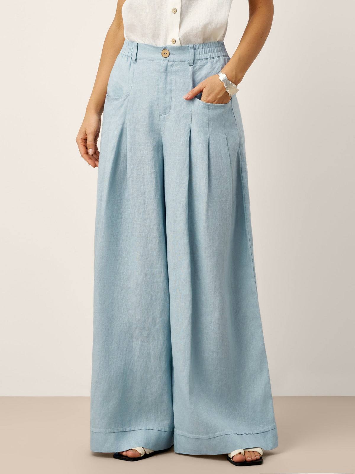 Womens High Waisted Pleated Linen Pants