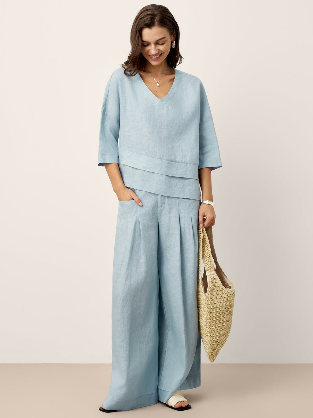 Womens High Waisted Pleated Linen Pants