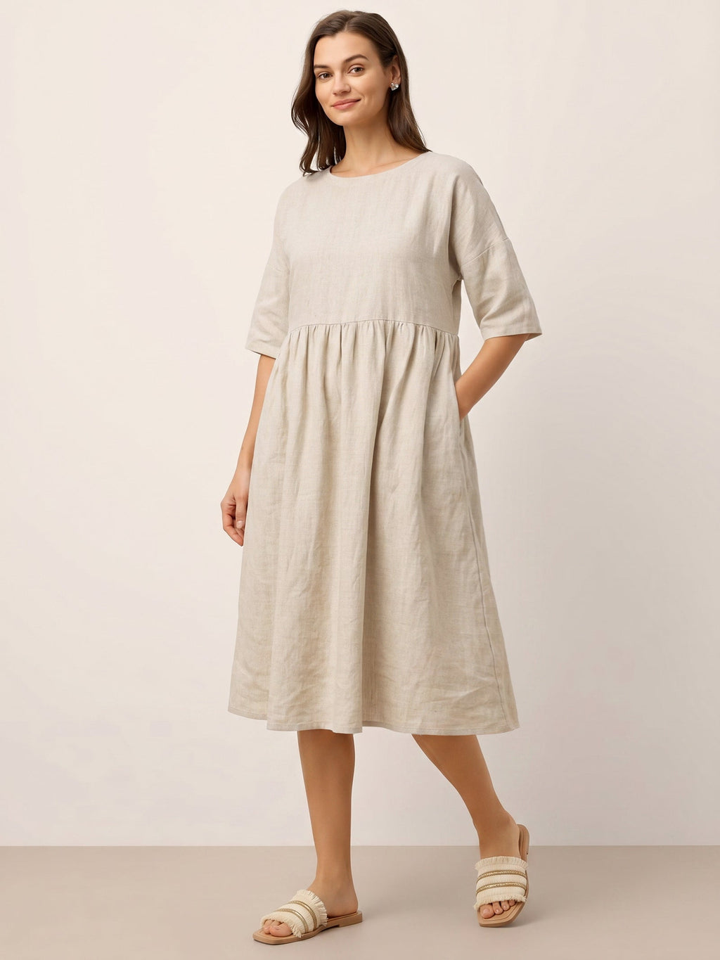 Womens Linen A Line Midi Dress