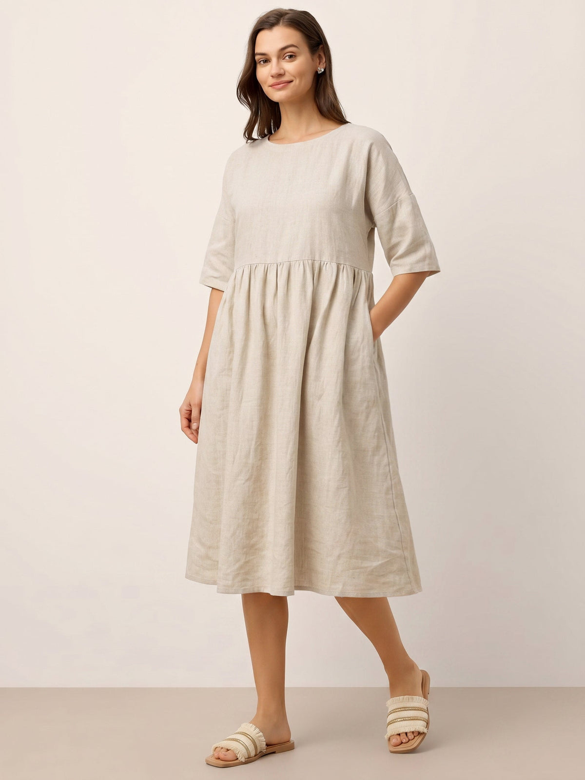 Womens Linen A Line Midi Dress