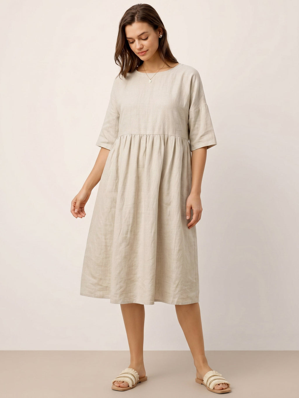 Womens Linen A Line Midi Dress