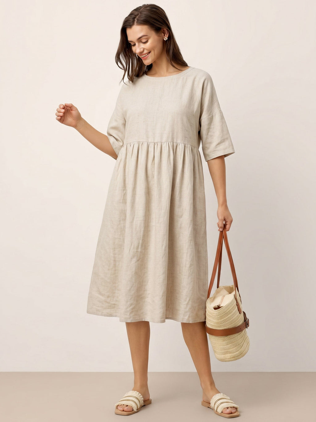Womens Linen A Line Midi Dress