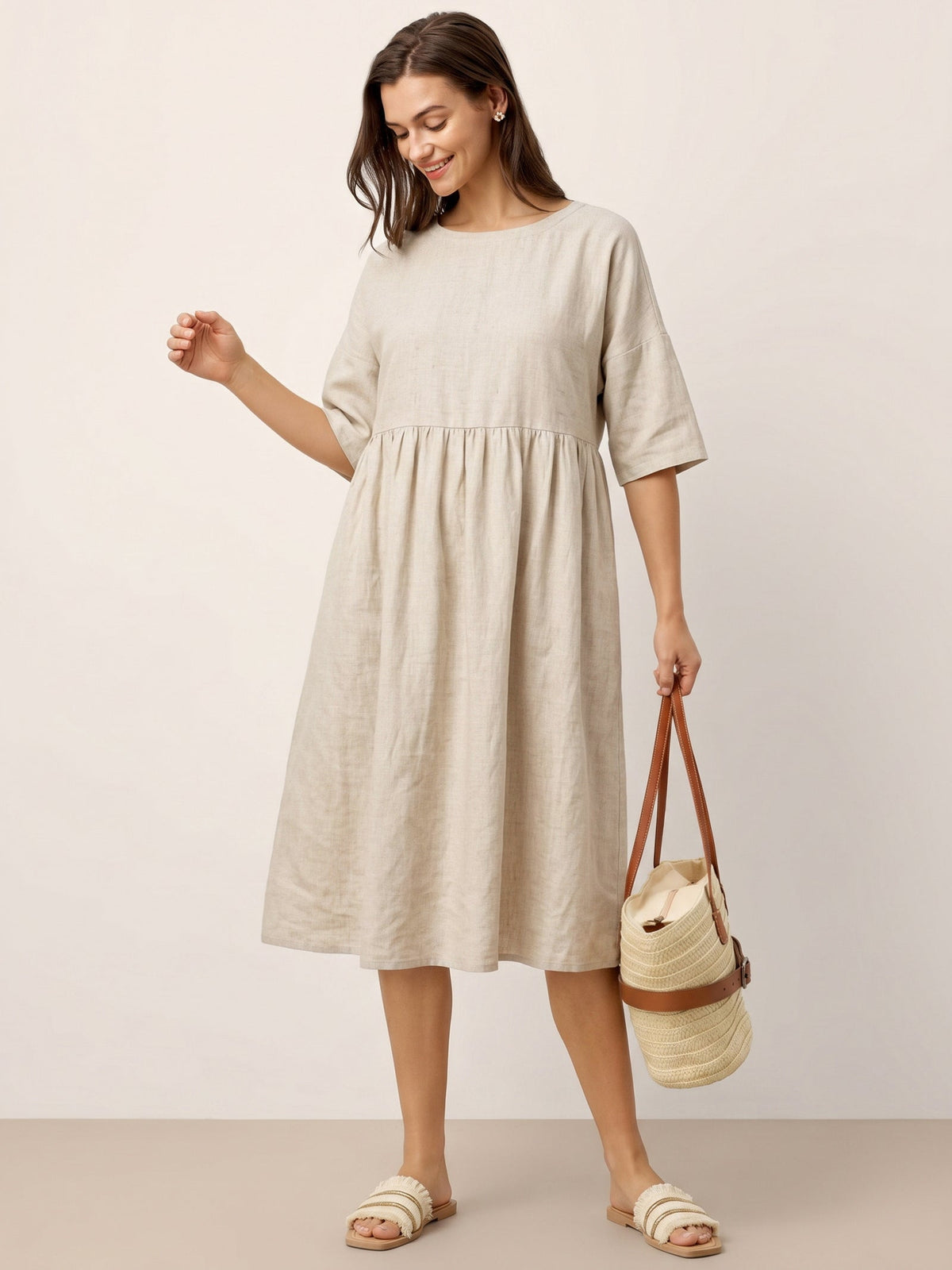 Womens Linen A Line Midi Dress