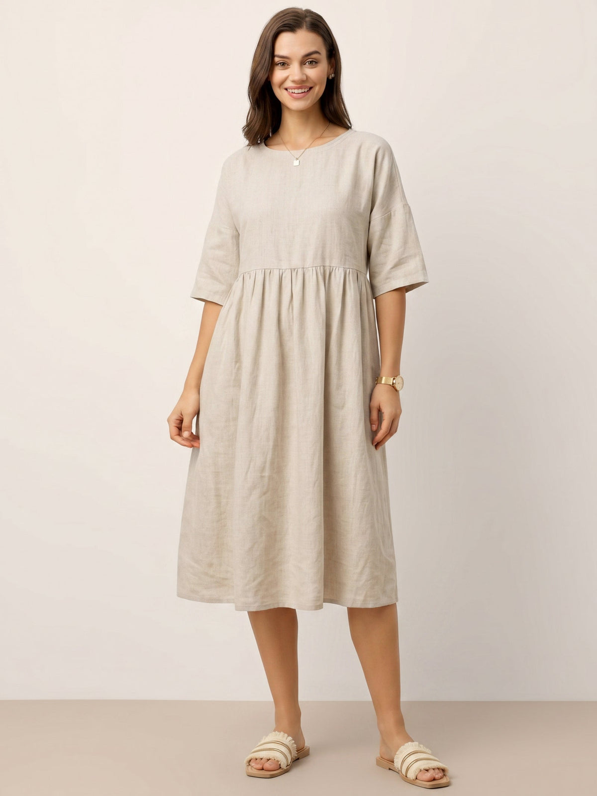 Womens Linen A Line Midi Dress
