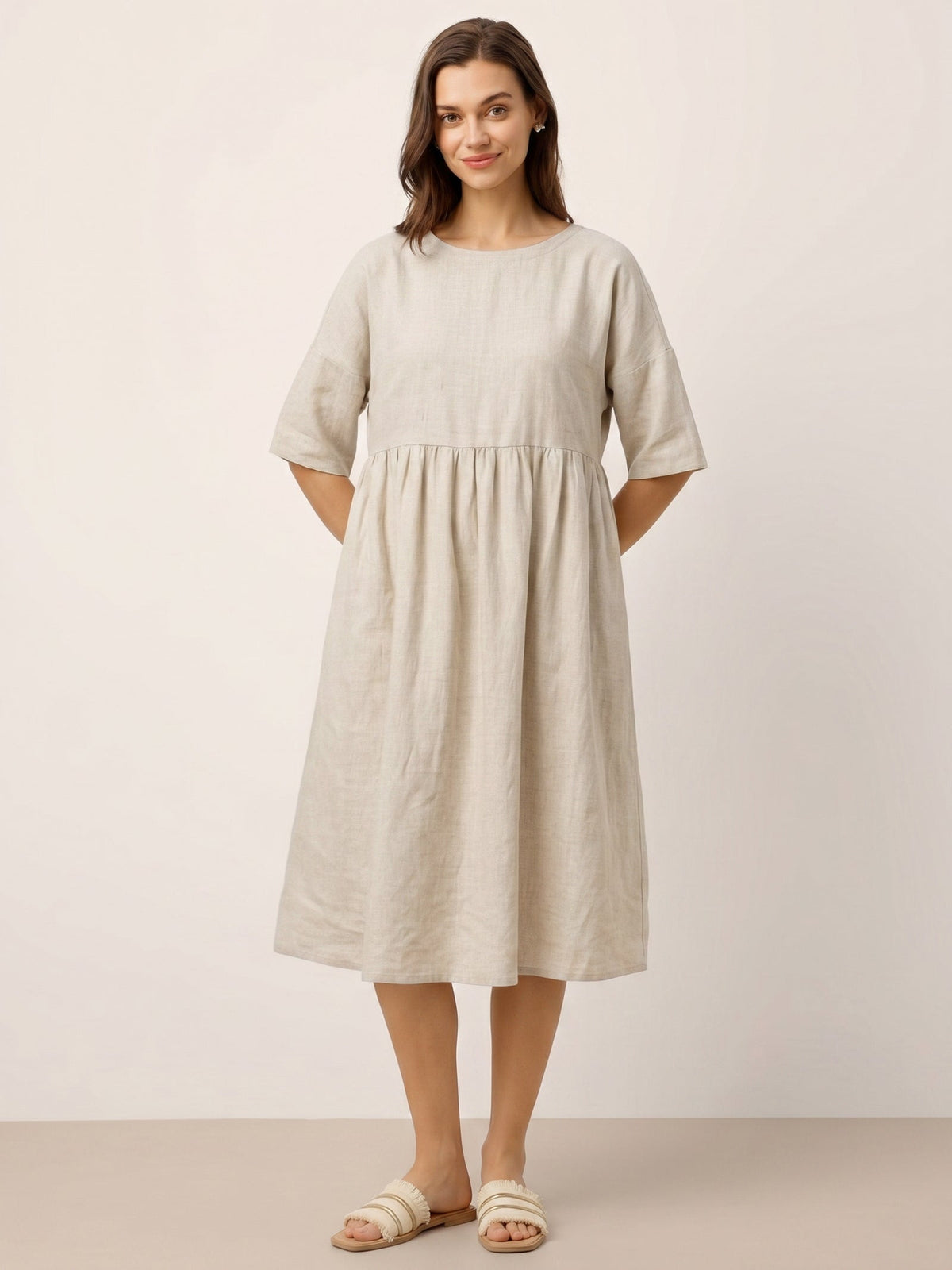 Womens Linen A Line Midi Dress