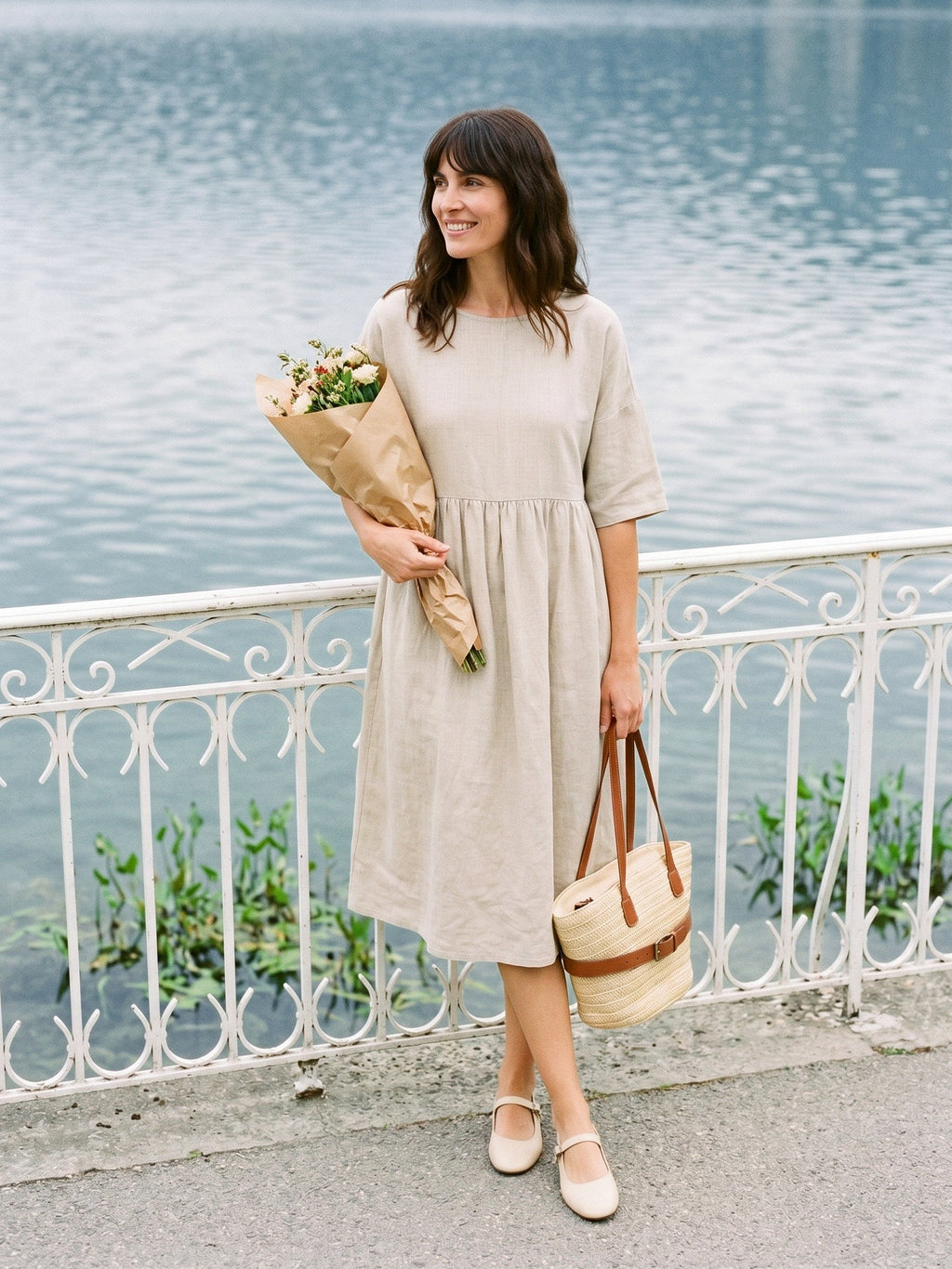 Womens Linen A Line Midi Dress