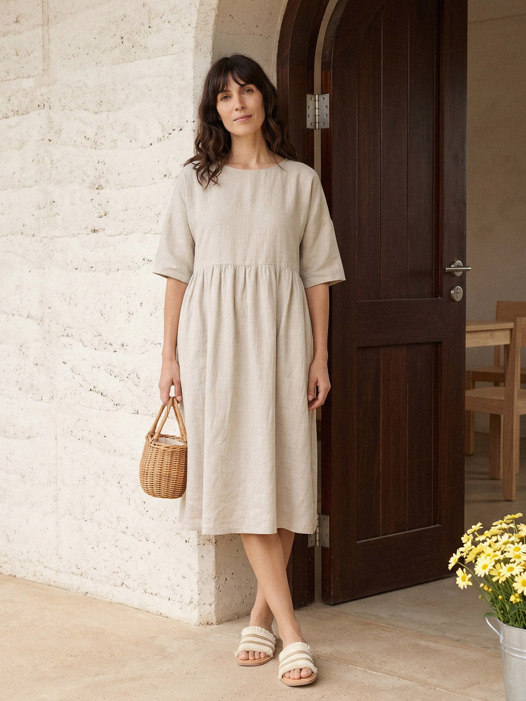 Womens Linen A Line Midi Dress