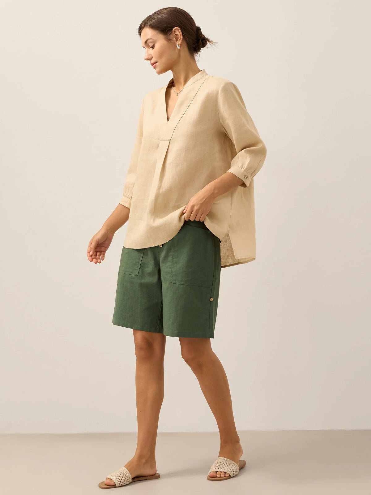 Womens Linen Stand Collar Shirt