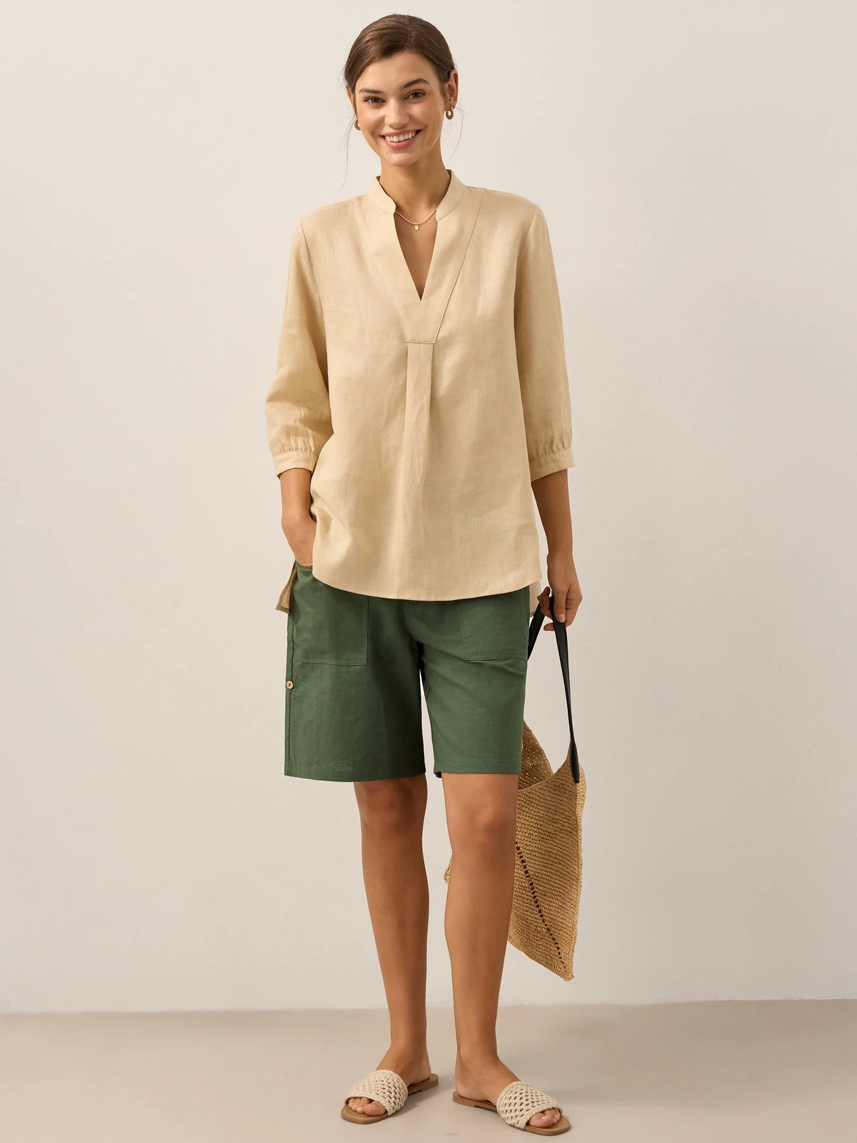 Womens Linen Stand Collar Shirt