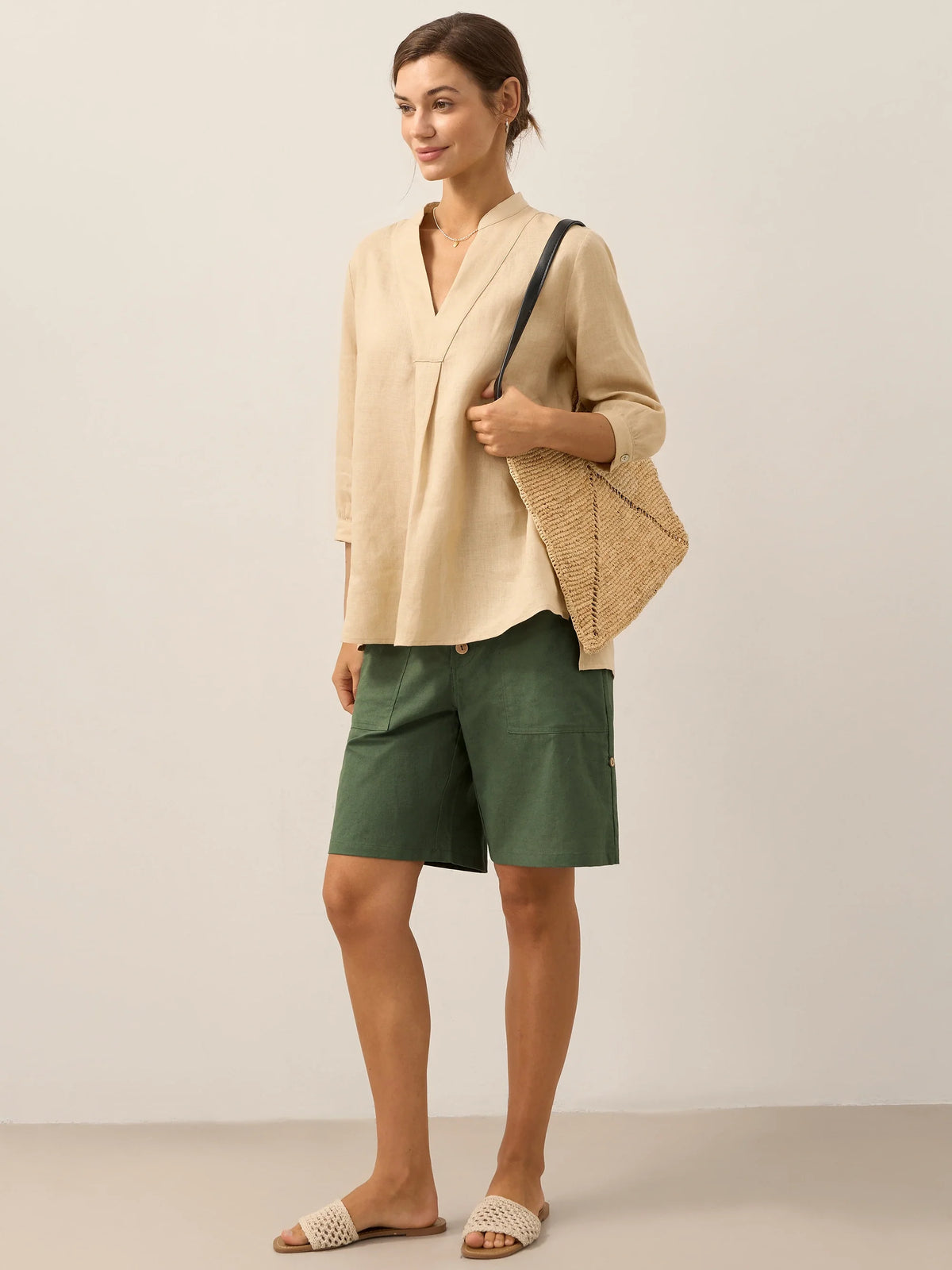 Womens Linen Stand Collar Shirt
