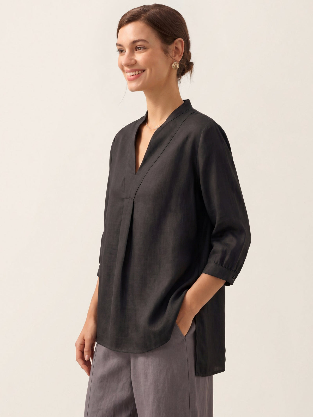Womens Linen Stand Collar Shirt