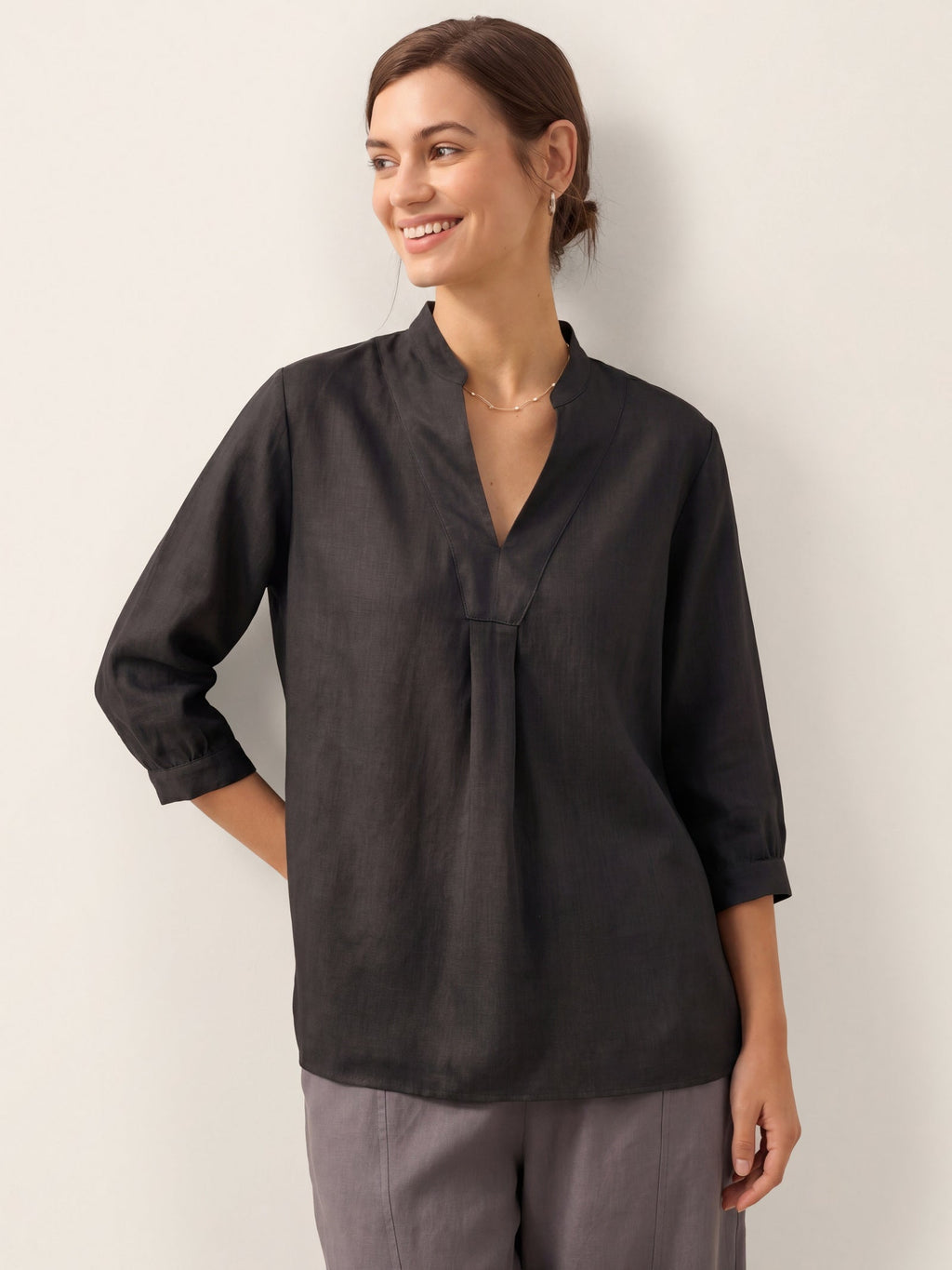 Womens Linen Stand Collar Shirt