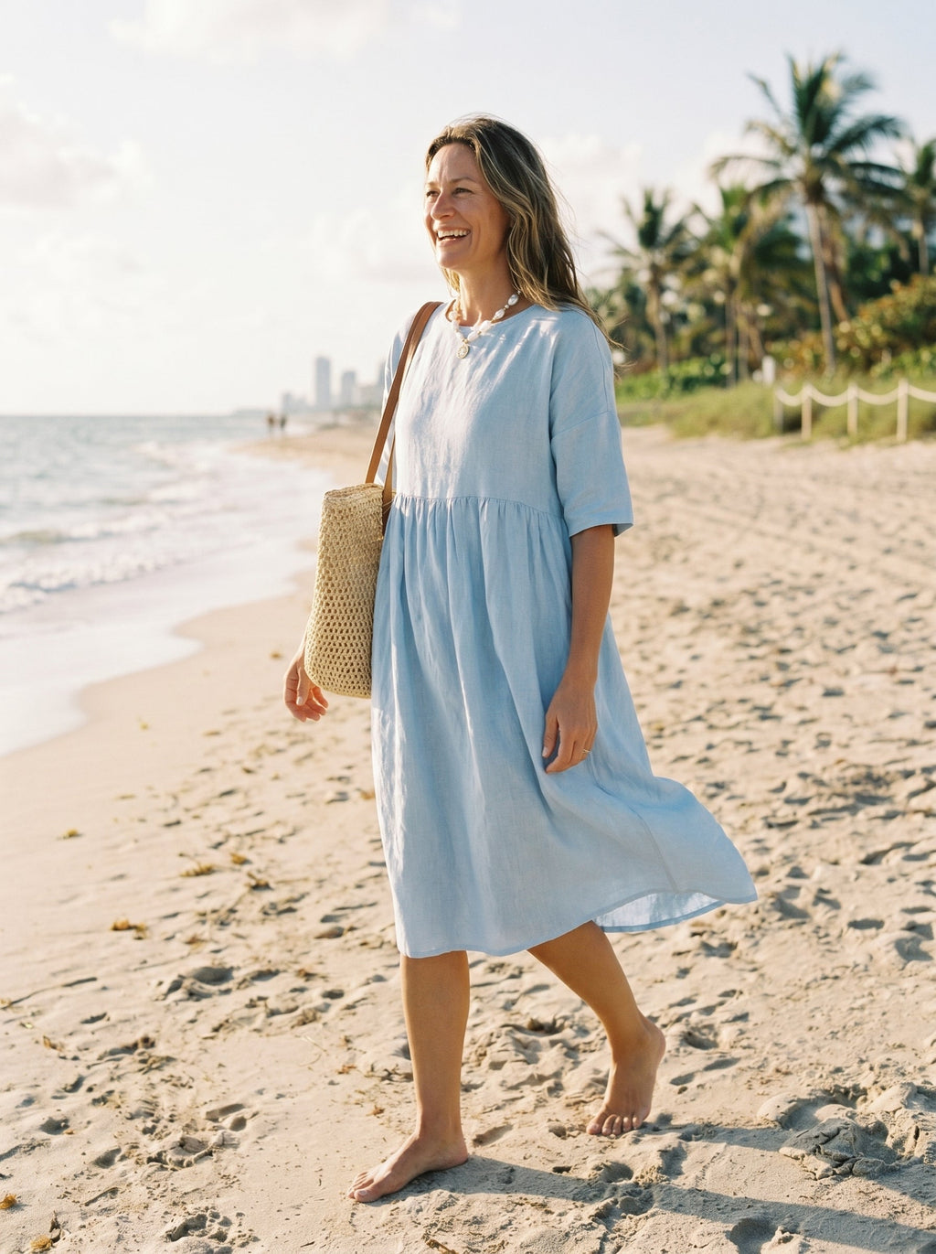 Womens Linen A Line Midi Dress