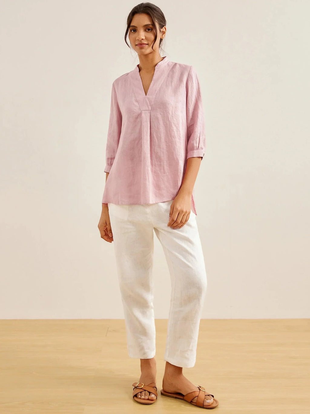 Womens Linen Stand Collar Shirt
