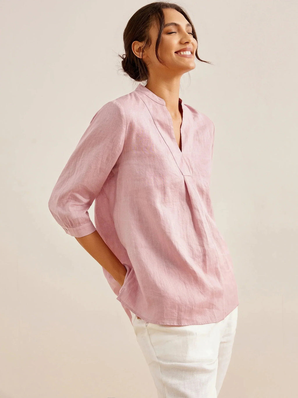 Womens Linen Stand Collar Shirt