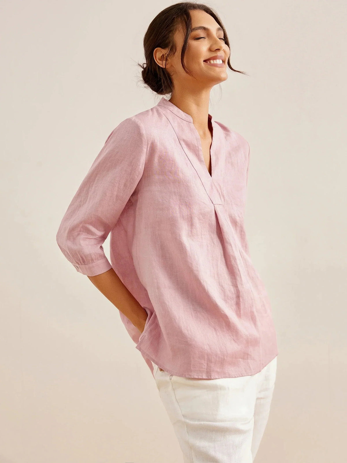 Womens Linen Stand Collar Shirt