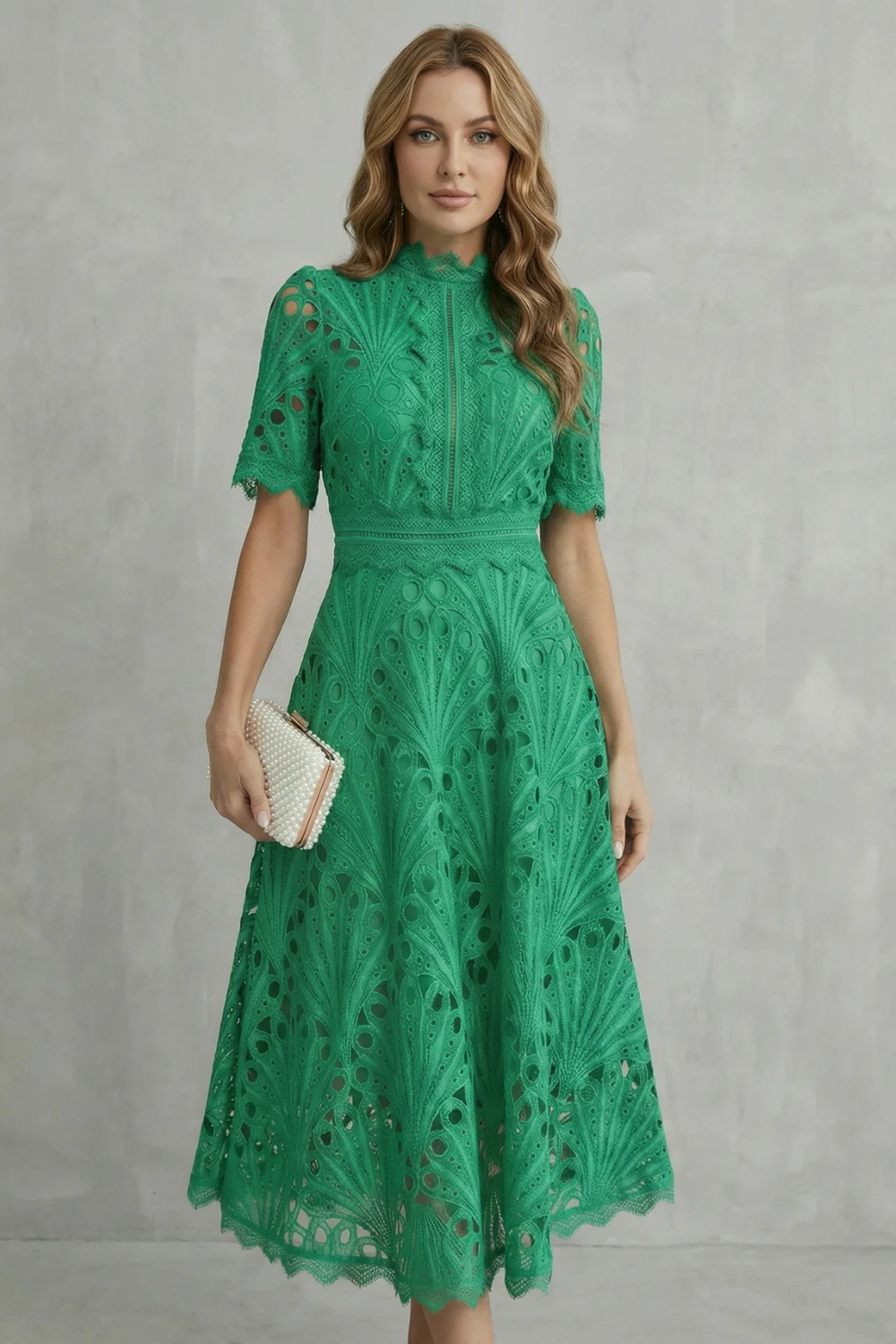 Womens High Neck Lace Midi Dress