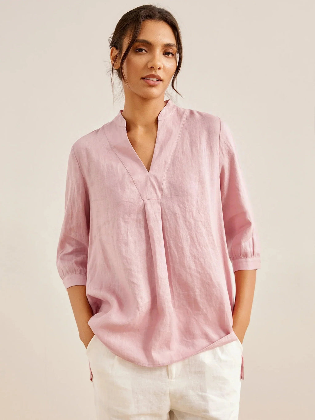 Womens Linen Stand Collar Shirt
