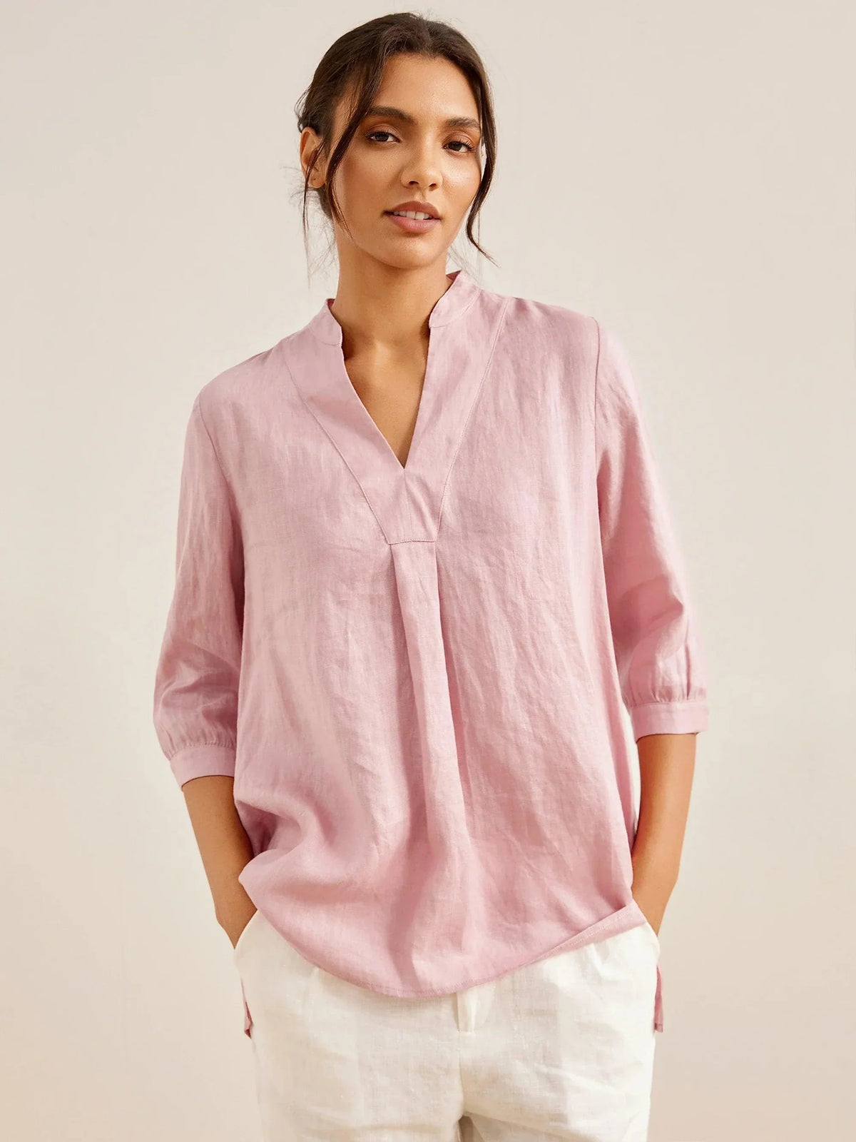 Womens Linen Stand Collar Shirt