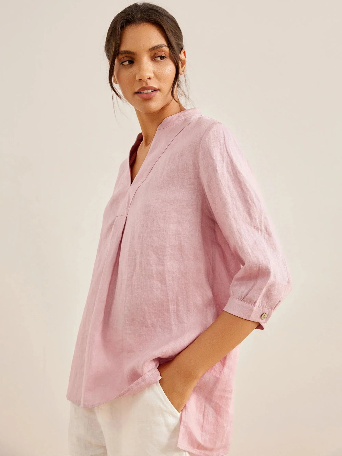 Womens Linen Stand Collar Shirt