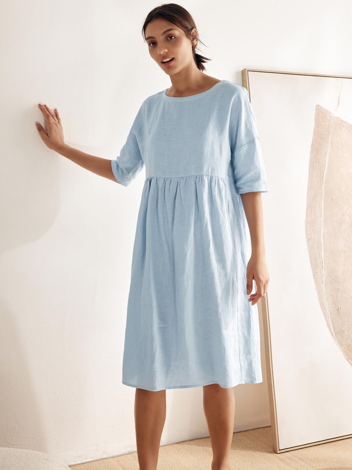 Womens Linen A Line Midi Dress