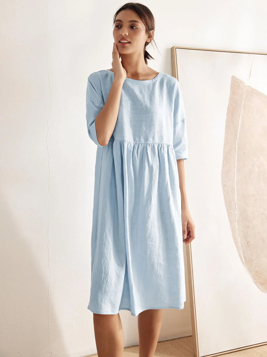 Womens Linen A Line Midi Dress