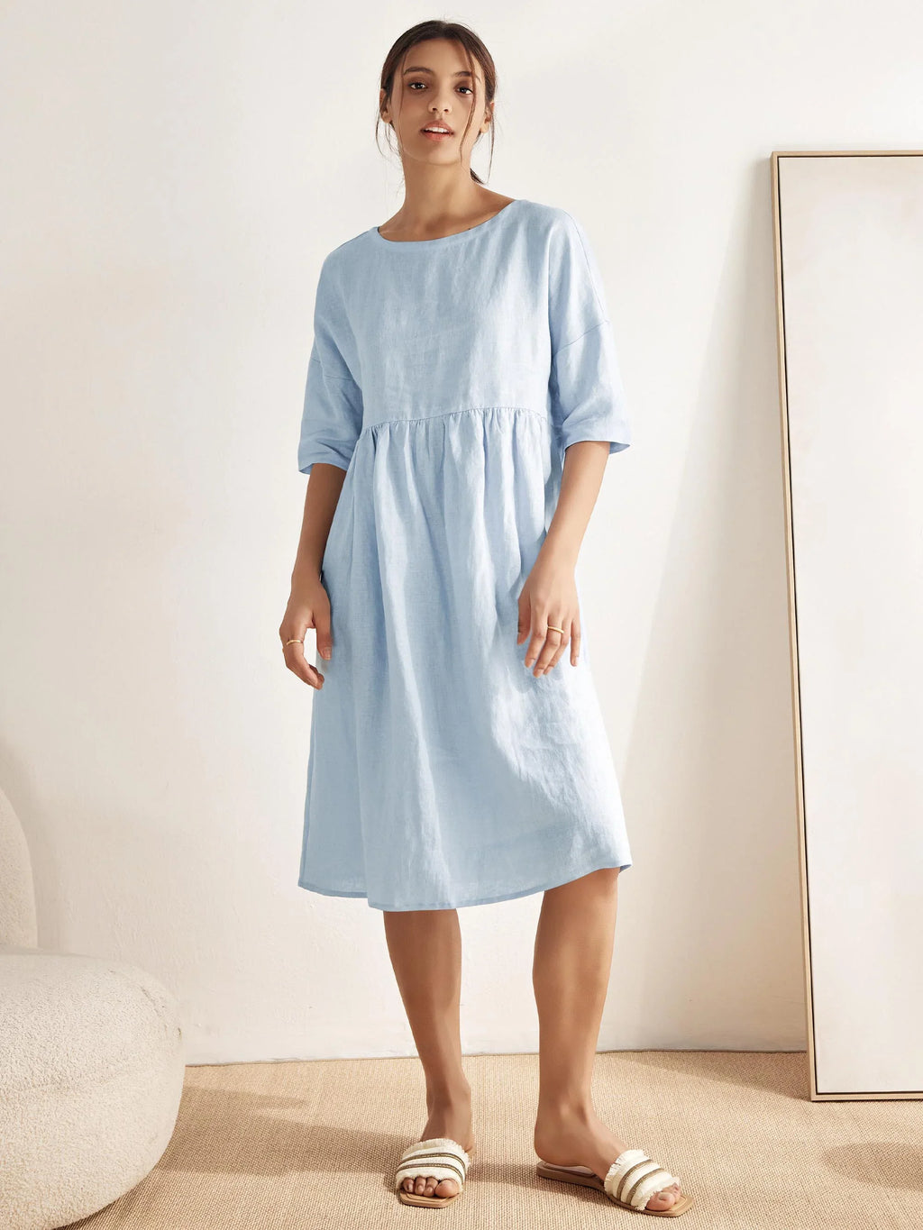 Womens Linen A Line Midi Dress
