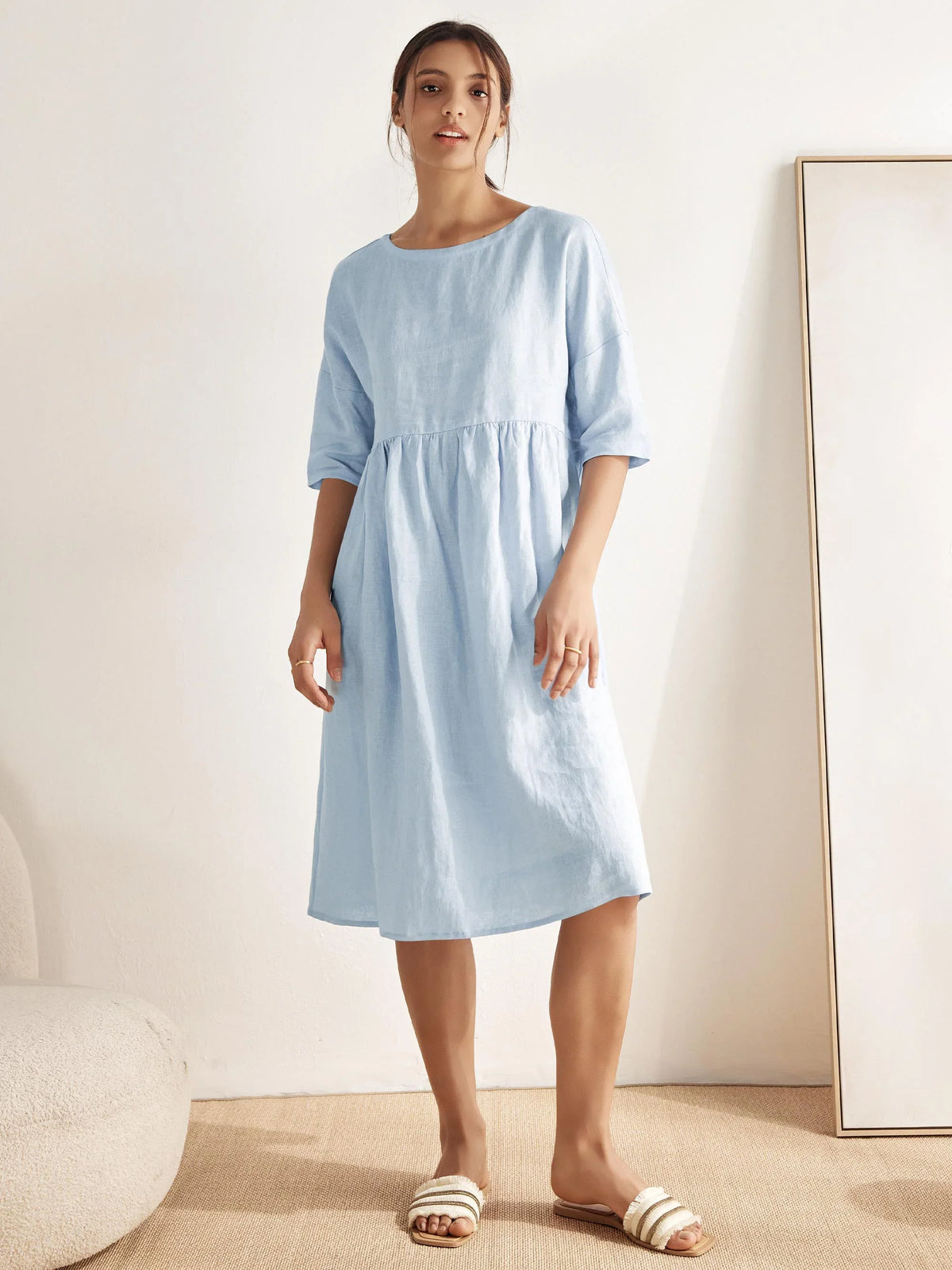 Womens Linen A Line Midi Dress