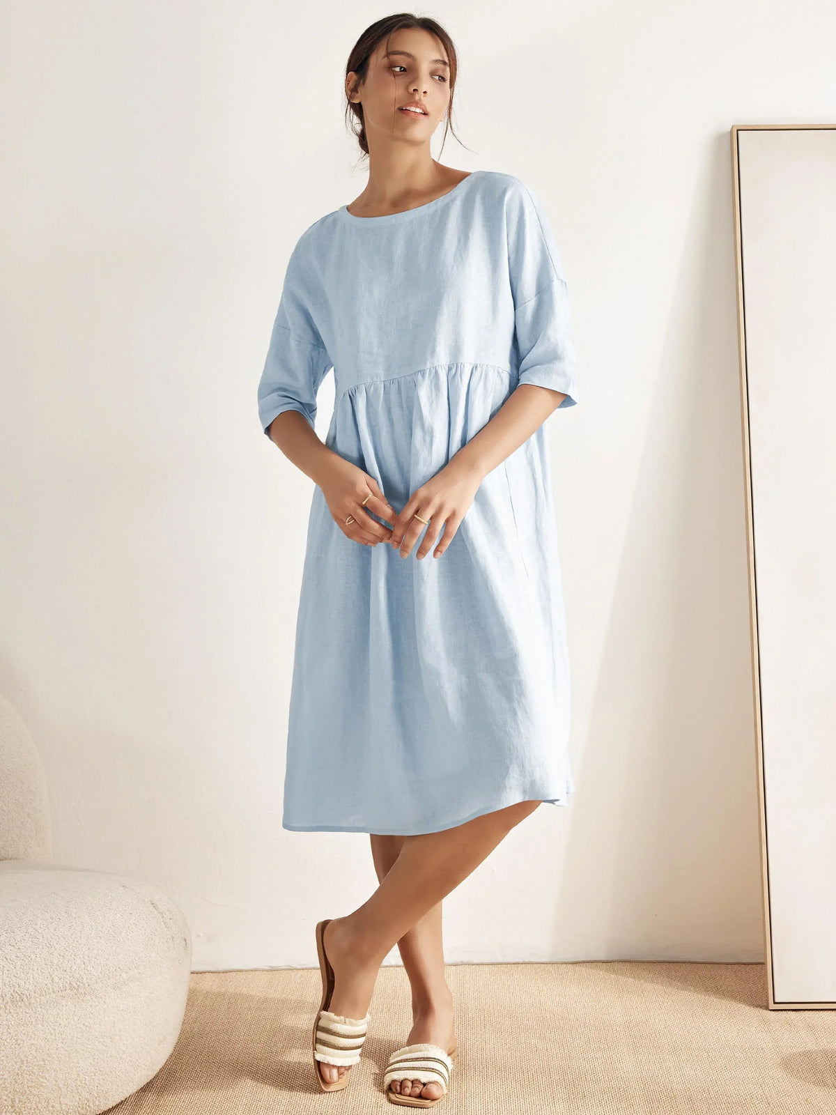 Womens Linen A Line Midi Dress