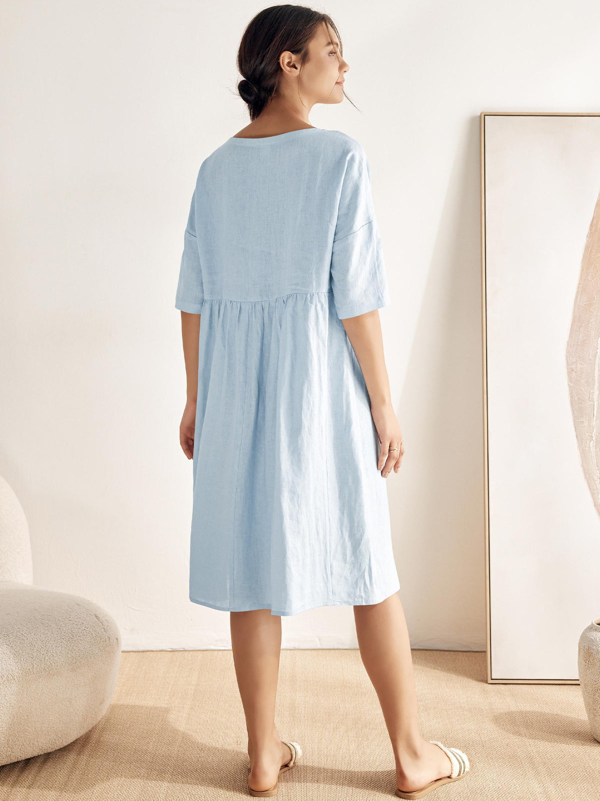 Womens Linen A Line Midi Dress