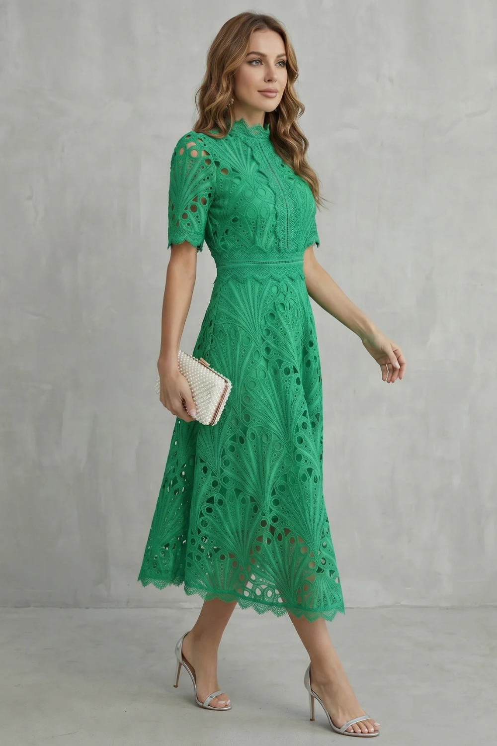 Womens High Neck Lace Midi Dress