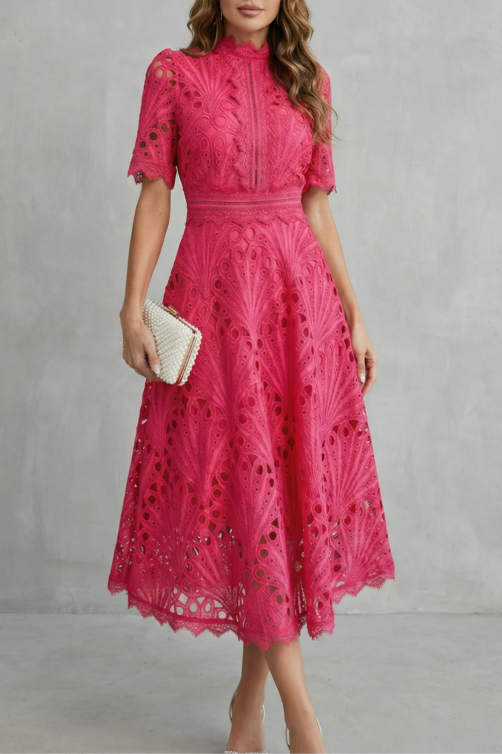 Womens High Neck Lace Midi Dress