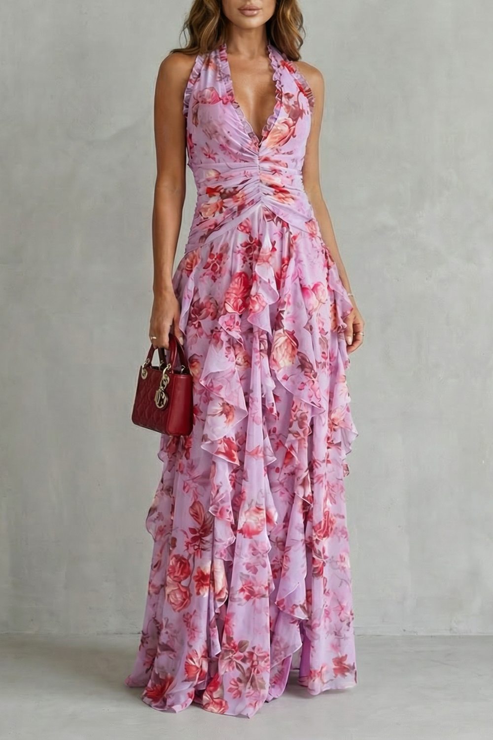 Womens Rose Print Halter Maxi Dress