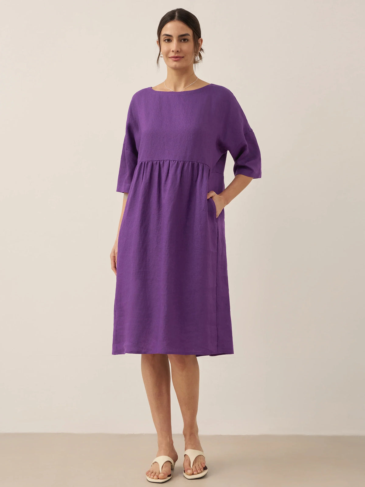 Womens Linen A Line Midi Dress