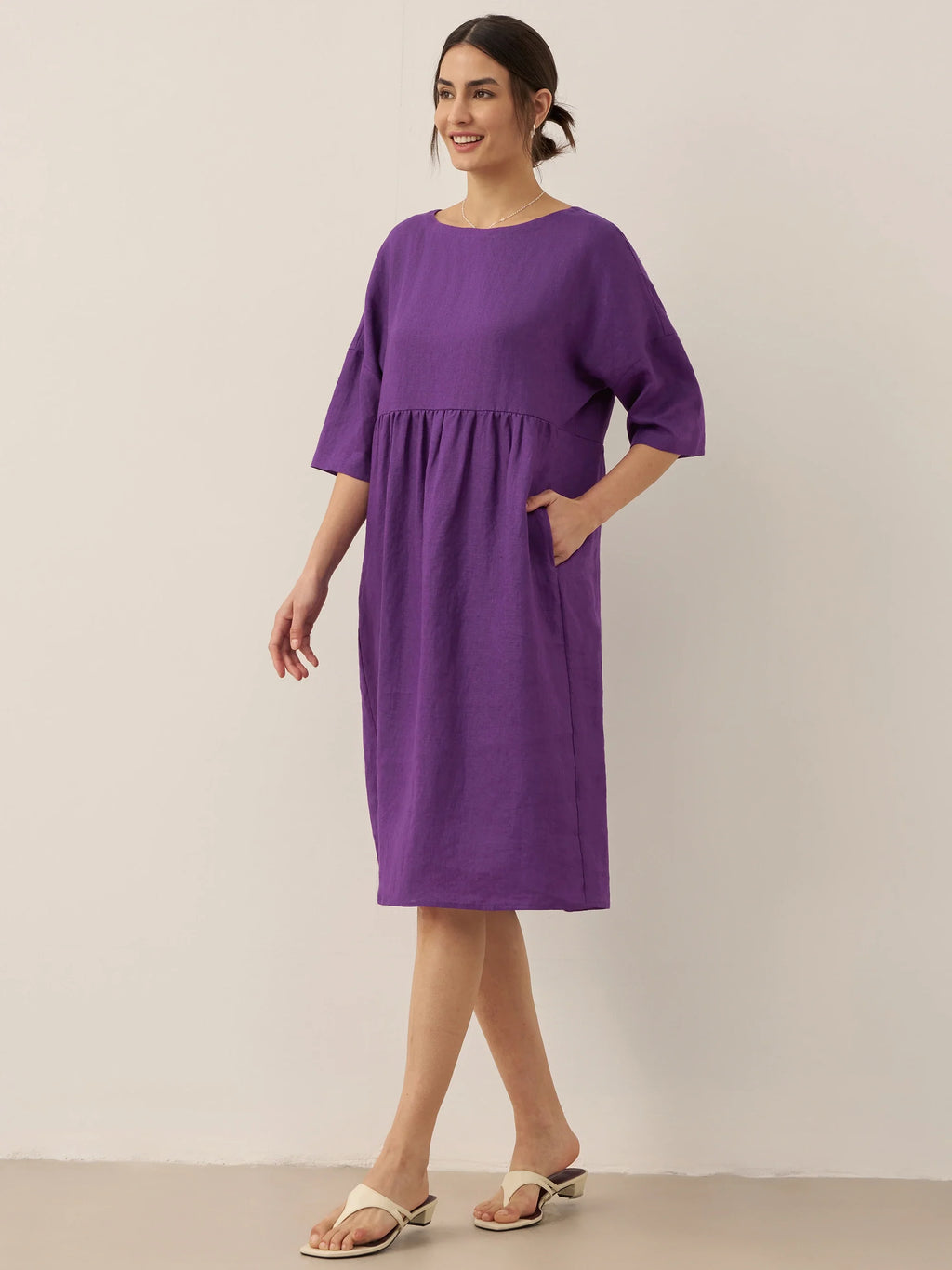 Womens Linen A Line Midi Dress