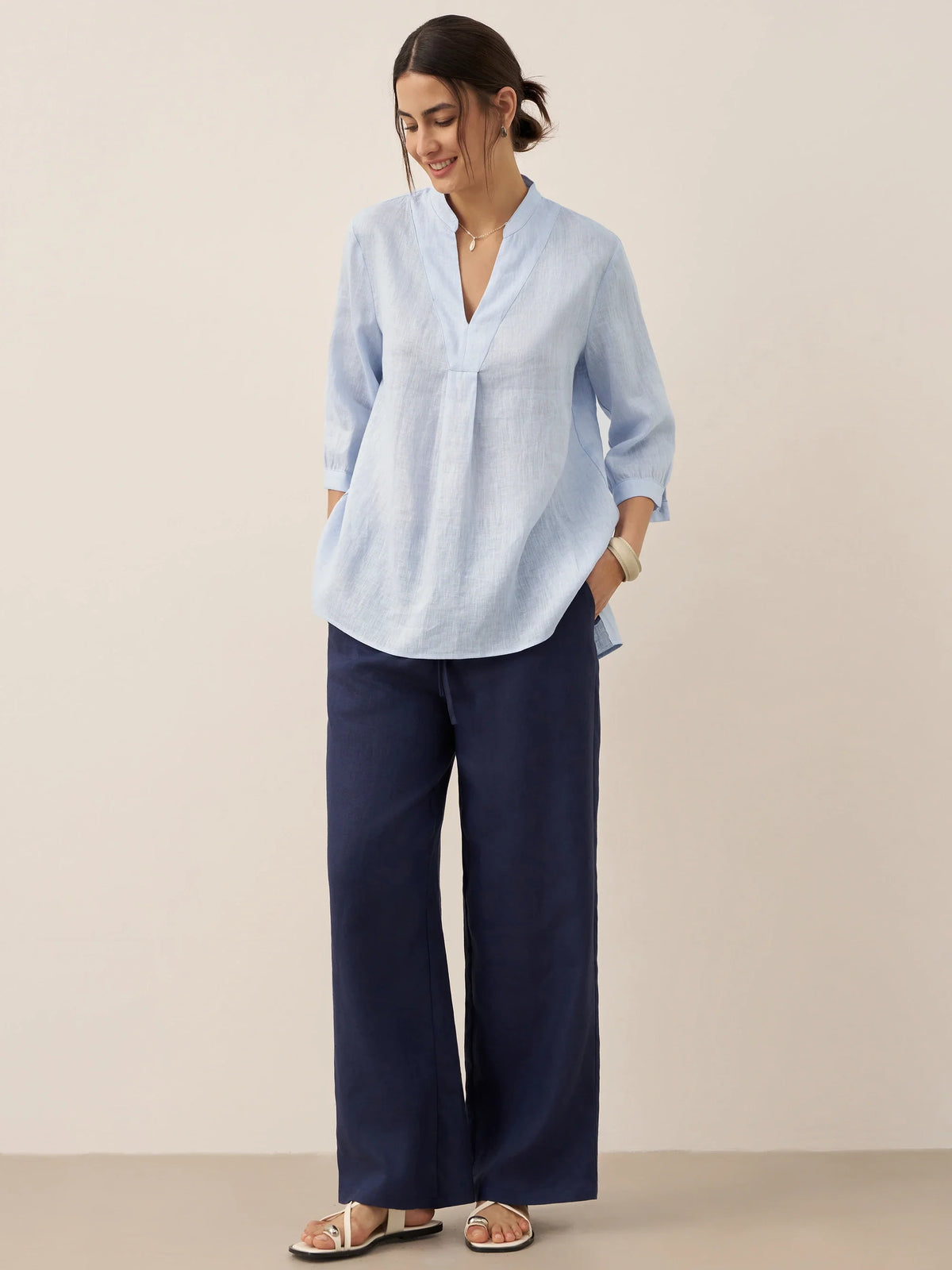 Womens Linen Stand Collar Shirt