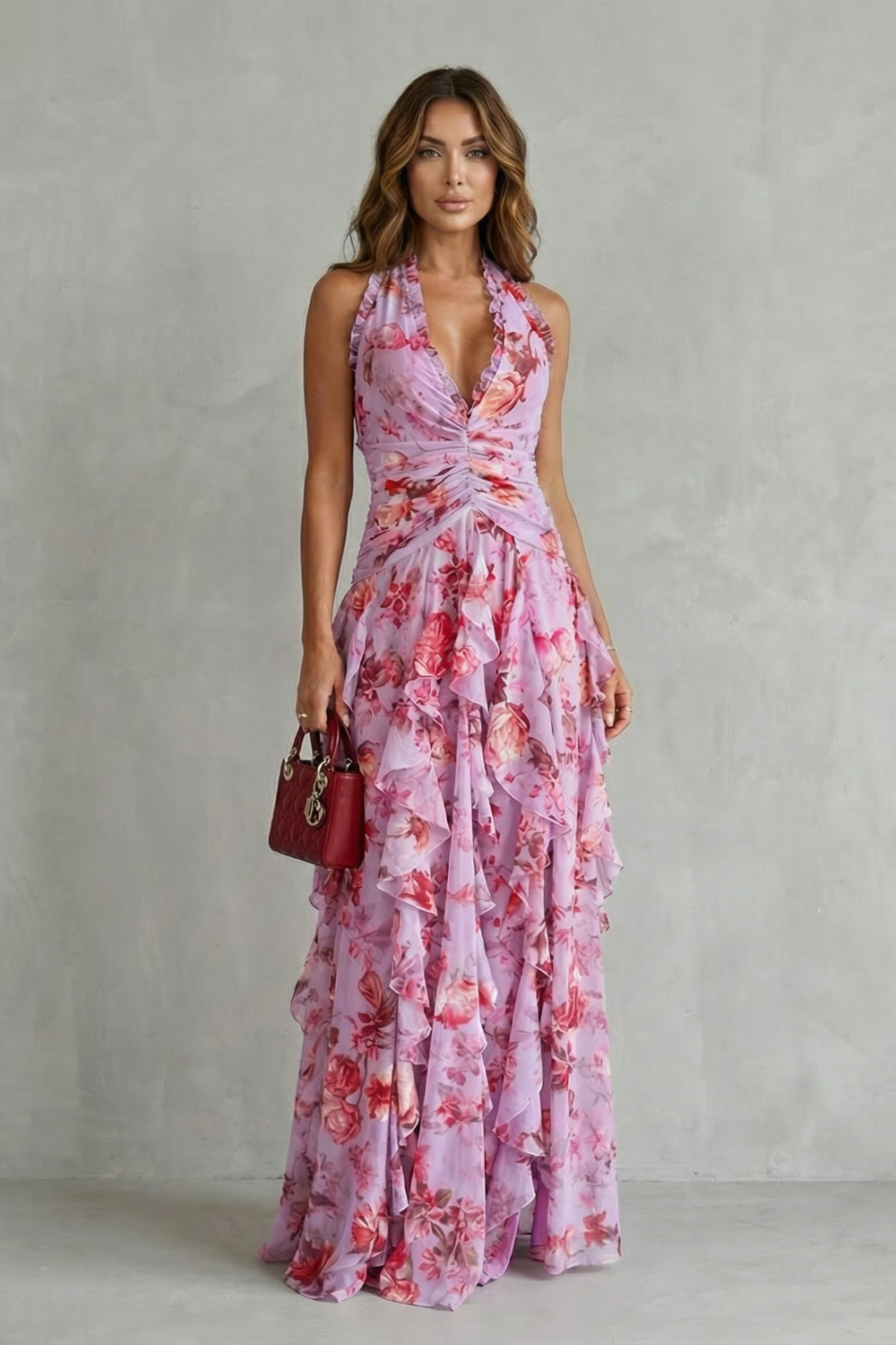 Womens Rose Print Halter Maxi Dress