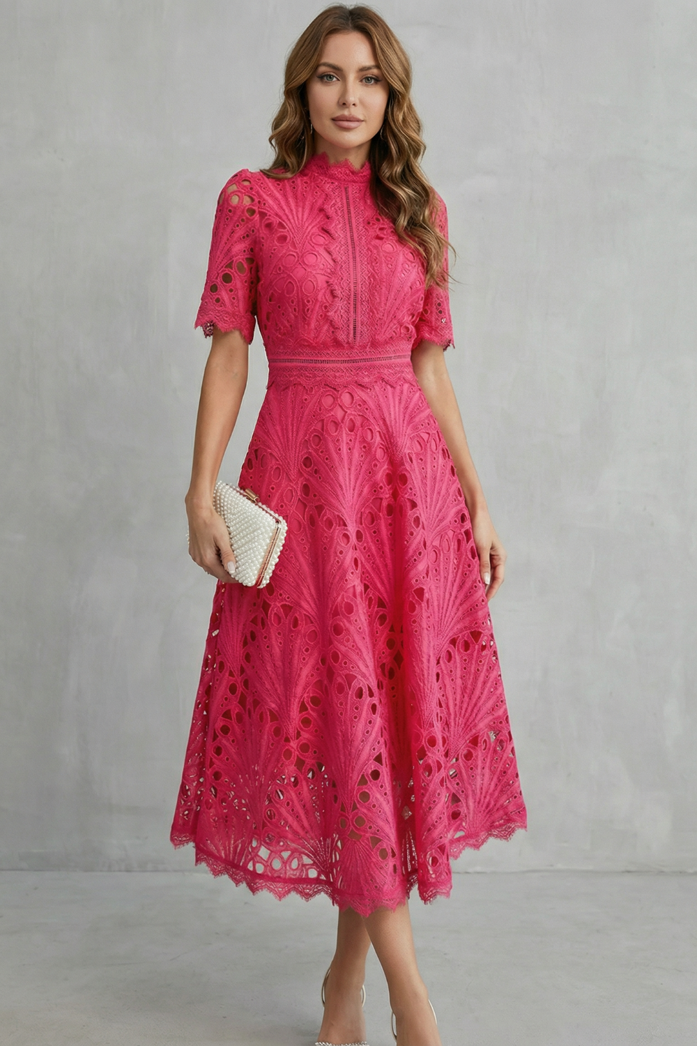 Womens High Neck Lace Midi Dress