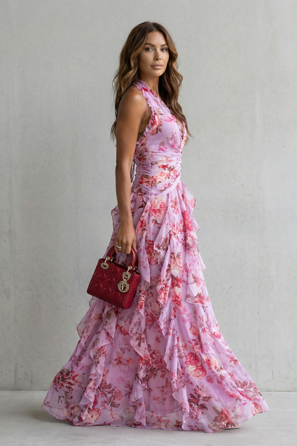 Womens Rose Print Halter Maxi Dress