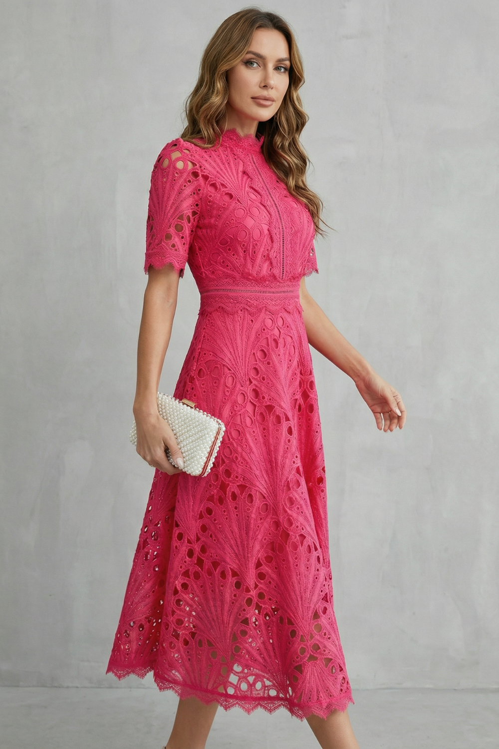 Womens High Neck Lace Midi Dress