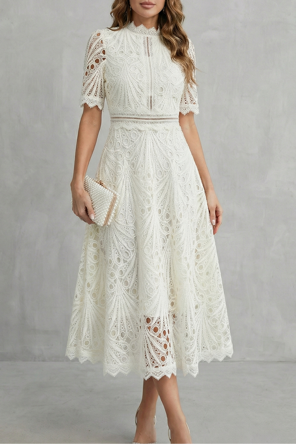 Womens High Neck Lace Midi Dress